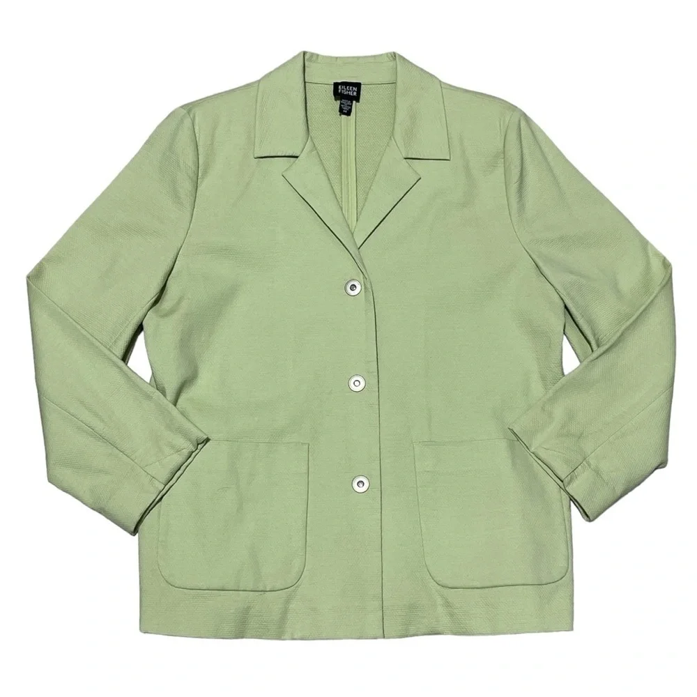 Eileen Fisher Textured Cotton Green Snap Jacket Blazer  Size M